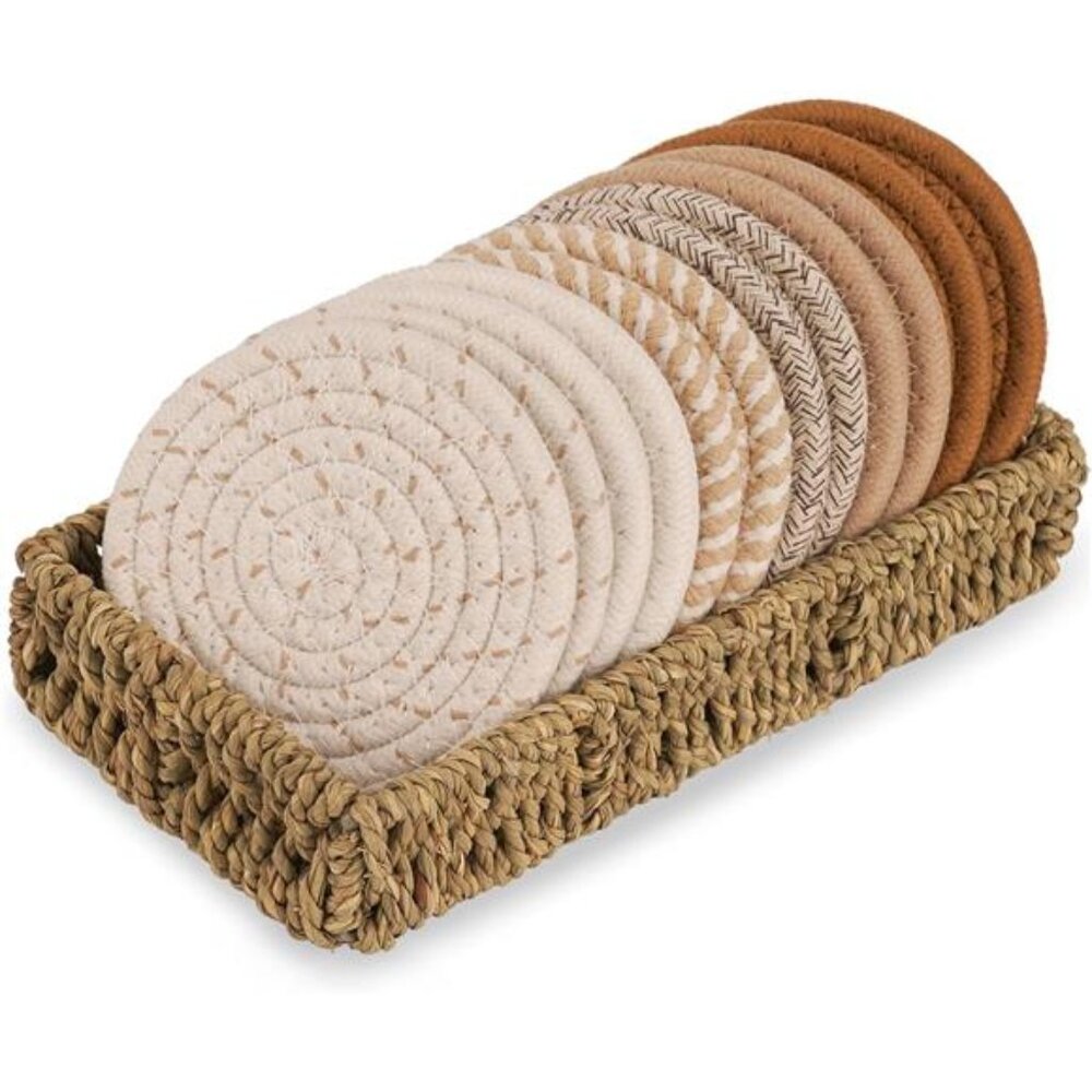 12 Pcs Handmade Boho  Coasters with Seagrass Basket Holder Set,